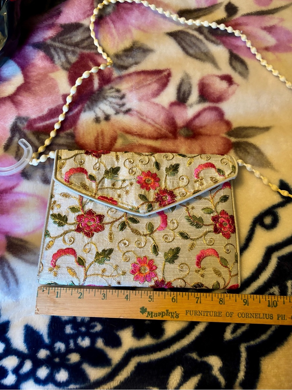 Vintage Ivory Embroidered Floral Clutch with Pink and Green Accents